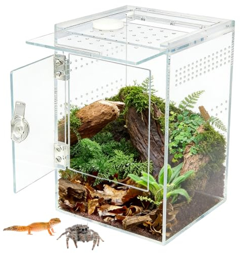 Spindel terrarium akryl, rektangulärt främre öppning terrarium 15 x 15 x 23 cm med tvärventilation, vattentätt sniglar terrarium för hoppspindlar, geckos, bönsyrsor och lövgrodor