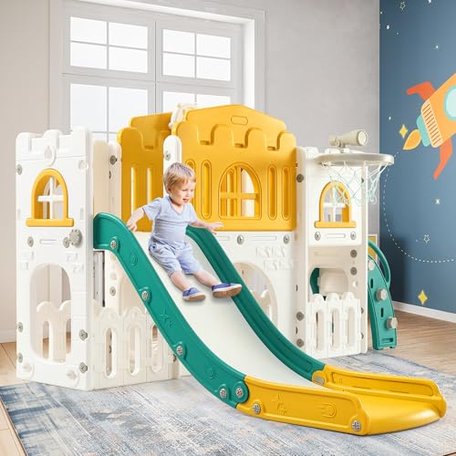 8-in-1 Toddler Climbing Frame and Slide, Kids Indoor Slide Playset with Tunnel & Basketball Hoop, Baby Climbing Frame for Toddlers Age 1-3, Children's Indoor & Outdoor Play Equipment - Green1