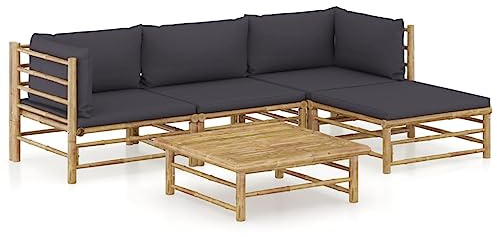 LoogCape 5-TLG. Garten-Lounge-Set, Bambus Outdoor Möbel mit Dunkelgrauen Kissen, Modulares Terrassenmöbel für Balkon & Veranda, Wetterfestes Lounge-Set