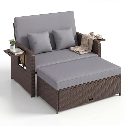 LIFEZEAL Lounge Outdoor, Doppelliege mit Liegefunktion, Rattan Tagesbett Sonnenliege mit Verstellbarer Rückenlehne, 2-Sitzer Gartensofa mit Seitentisch & Ottomane, bis zu 360kg (Mix Braun+Grau)