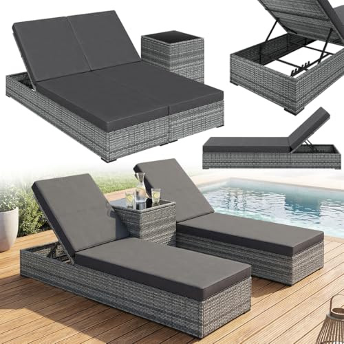 STEELSØN Solaris Sonnenliegen 2er Set mit Tisch – Polyrattan Gartenliege in Grau – 5-Fach verstellbare Rückenlehne – Gartenlounge wetterfest – Relaxliege mit Auflagen – Outdoor Liege 2 Personen