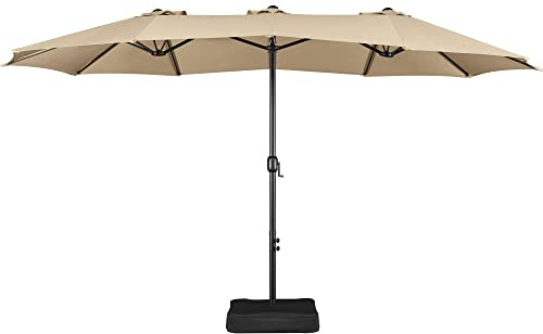 Yaheetech Parasoll med stativ, stort terrassparaply med bas för solskydd för balkong/terrass/trädgård, rektangulär, trädgårdsparaply med UV-skydd 50+, Ljusbrun, 447 cm L × 265 cm B × 245 cm H