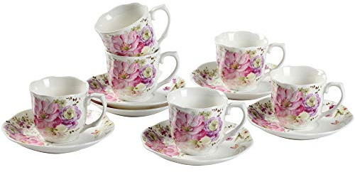 GuangYang 7 oz Porcelain Tea Cups and Saucers Set of 6, Pink Floral Design – Elegant Gift Set for Tea Lovers, Coffee, Cappuccino, Mocha, Weddings, Housewarming & Holidays