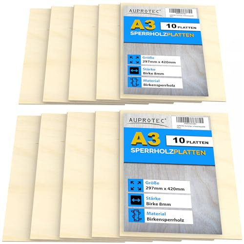 AUPROTEC 10x A3 Sperrholz-Platten Birke 8mm Multiplexplatten (297 mm x 420 mm) Bastel- und Laubsäge-Holzplatten Birke Massiv Multiplex Holz Industriequalität