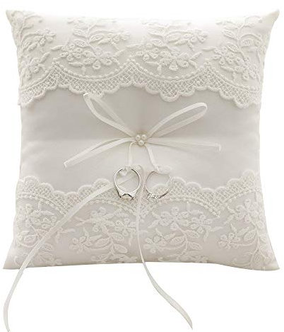 LANGING 1 x Ringkissen aus weißer Spitze für Hochzeit, mit Perlen-Kissen.