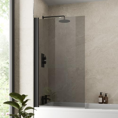Luxura® 1400 x 800mm Black Tinted Over Bath Shower Screen Folding Hinged Door Glass Panels & Screens for Baths, Bathroom Frameless Square Design, 6mm Toughened Safety Glass, 180° Pivot