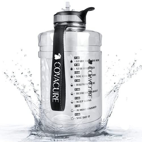 COVACURE Trinkflasche Sport - 2.2 L / 3.78 L Wasserflasche, Groß Sportflasche, BPA Frei, Auslaufsicher, für Fitness, Gym, Heim, Büro, Outdoor (Blau＆Transparent) (2.2 L, Transparent mit Strohhalm)