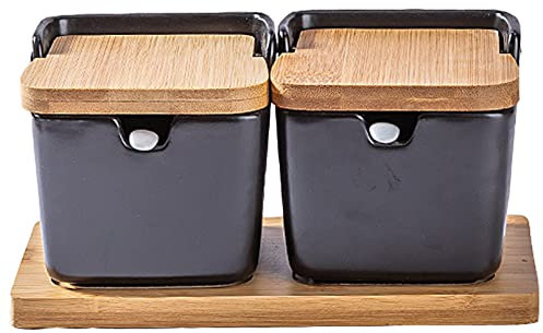 Tarros De Especias, Azucarero, Azucarero De Cerámica con Cuchara Y Tapa De Bambú para El Hogar Y La Cocina - Diseño Moderno, Incluye Bandeja De Madera Auténtica,Negro,2pcs