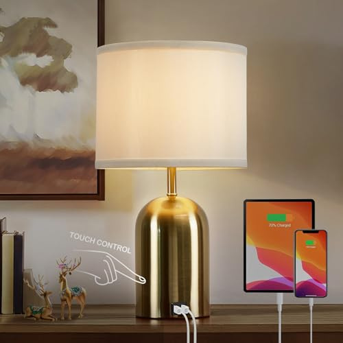 GyroVu Lampada da comodino con porta USB, lampada da tavolo con controllo touch per camera da letto, dimmerabile a 3 livelli, lampada moderna con paralume in tessuto e base dorata per soggiorno