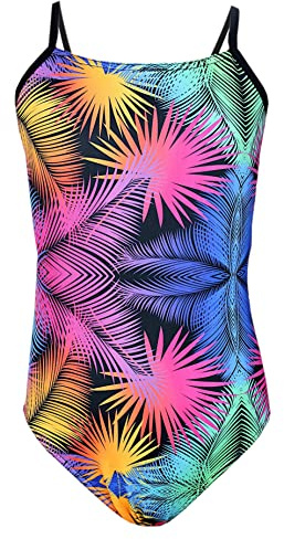 Aquarti Costume Piscina Bambina – Costume Intero Bambina con Bretelle Sottili Regolabili, Foglie Colorate/Nero/Rosa/Arancione, 152