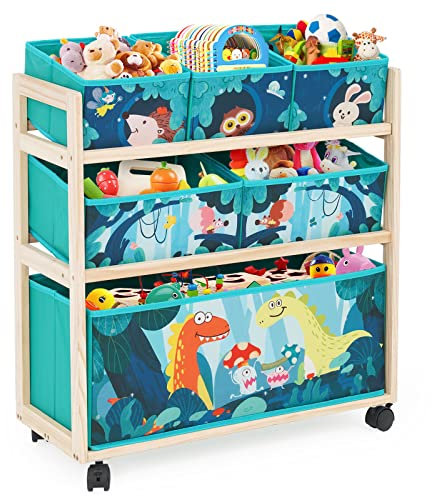HOMCENT Kinder Spielzeug Organizer mit Rädern und 6 Aufbewahrungsbehältern mit großer Kapazität zur Aufbewahrung von Spielzeug für Kinderzimmer, Jungenzimmer, Dinosaurier Thema