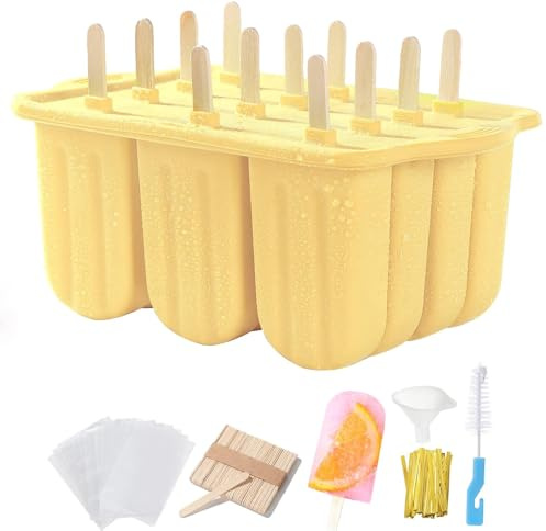 Lot de moules à sucettes glacées, 12 cavités faites maison, moules de congélation en silicone avec 50 bâtonnets de glace glacée, 50 sacs à glaces, 50 attaches, entonnoir recettes et brosse (jaune)