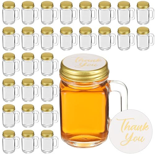 Bokon 48 Pcs Mini Mason Jars Mini Pots 1.3 oz Shot Glasses with Handles Gold Lids Wedding Favors Gift for Guests Bulk Jars with Lids Wedding Favor Containers with 48 Thank You Labels for Weddings