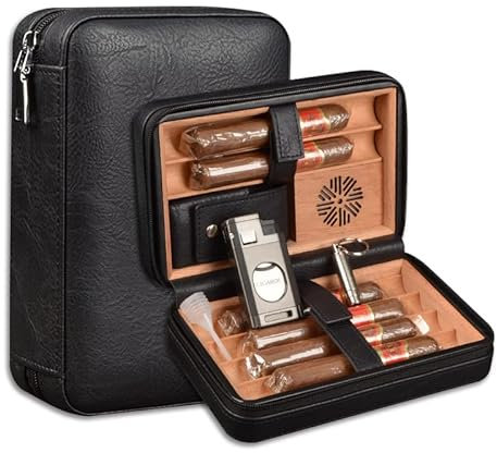 6-Finger Cigar Travel Humidor Cigar Case with Triple Flame Cigar Lighter, Leather Cigar Box with Round Humidifier, Cigar Punch and Dropper, Cedar Wood Humidor Cigar Box Gift Box Storage Box（Black）