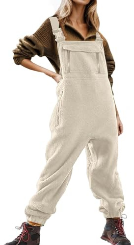 ZDSUHYIW Plüsch Arbeitsoverall für Damen Cargo Overalls aus Fleece Trägerhose Jumpsuits Latzhose Jumpsuits für Damen Lässiger Latzhose Arbeitshose Fleece Warme Overalls Winter Latzhosen