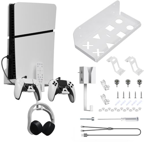 PS5 Slim Wandhalterung mit 2-in-1 magnetischem Ladekabel für Playstation 5 Disc/Digital Edition, PS5 Slim Wall Storage Stand Regal mit abnehmbarem Controller-Halter & Kopfhörer-Aufhänger