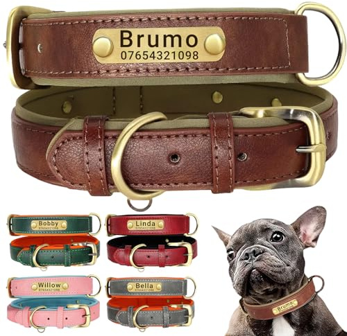 SEOUGEE Hundhalsband i äkta läder, personligt, mjukt vadderat läder, hundkragar, slitstark med anpassad graverad namnplatta justerbar för små medelstora hundar (L, brun 35–45 cm)