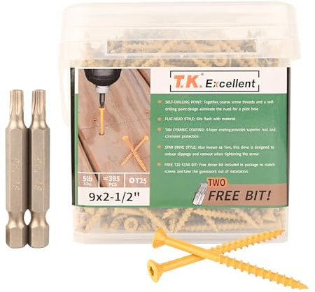 T.K.Excellent Deck Screws 2-1/2 Inch Wood Screws #9 x 2-1/2, 395 Pcs, Rust Resistant Tan Exterior Structural Screws, Torx Drive Screws, Two T25 Bits, Brilliant Yellow Ruspert Coating Rust Proof