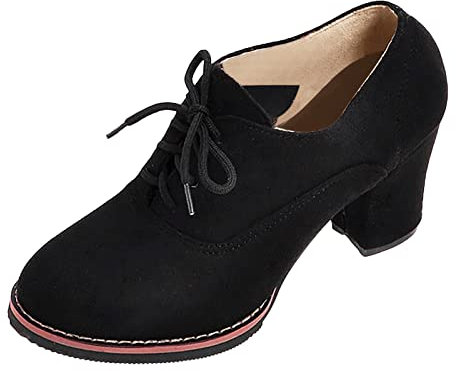 koperras Mode Frauen Flock Einfarbig Herbst Dicke Sohle Quadratische Absätze Schnürschuhe Kurze Stiefeletten Runde Zehe Schuhe Biker Herren Winter (Black, 41)