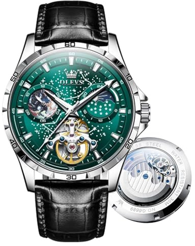 OLEVS Reloj de pulsera automático para hombre, diseño de esqueleto de cielo estrellado, Tourbillon, cuerda automática, resistente al agua y luminosa, correa de reloj de precisión de acero inoxidable