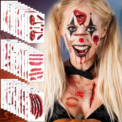 Tatouage Halloween, 280+PCS/60 Feuilles Tatouages Cicatrice Temporaires - Halloween Zombie Tattoo Ephemere Autocollants avec Faux Sang, Spécial FX Costume Maquillage Visage pour Adulte Femme Enfant