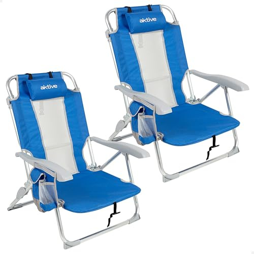 AKTIVE Pack 2 sillas Playa Plegables, 5 Posiciones, Color Azul, 49x56x78 cm, Incluyen cojín Acolchado, Bolsillo Lateral, Asas, Máximo 110 kg, Topes antivuelco, Multiposición, Respaldo reclinable
