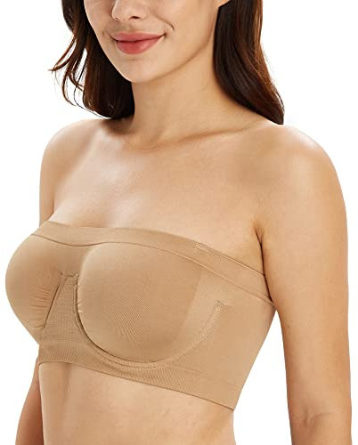 DotVol Women's Underwire Strapless Non Padded Multiway Bras Stretchy Tube Top Bandeau Bra(Beige,XXL)