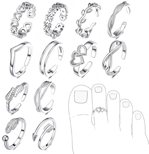 ZOPJUMA 12 Piezas Juego Anillo Pie con Punta Abierta para Mujer y Niñas Anillo Ajustable Simple para Nudillos Anillos de Pies Joyería para Pies(Plata)