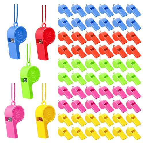 CYZBL 60Pcs Plastic Coach Whistles with Adjustable Lanyard, 5 Colours | Sturdy Design for Sport Events, Referees, Teachers, Children and Emergency Training Use.