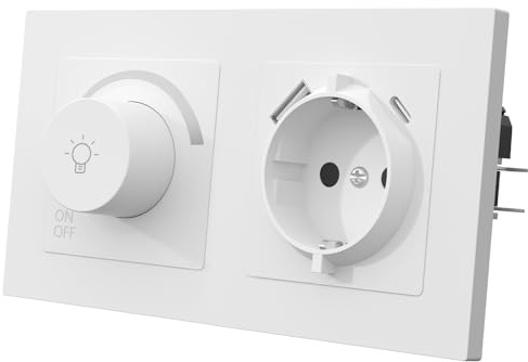 MVAVA Lichtschalter Dimmbar 1 Fach 1 Weg Dimmschalter mit Steckdose Unterputz Lichtschalter 86mm*86mm für Dimmbare LED-Leuchten, Glühlampen Kunststoff Weiß