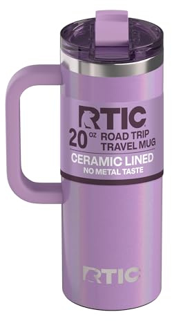 RTIC 20oz Road Trip Travel Mug with Lid and Handle, Ceramic Lined, Insulated, Stainless Steel, Metal, Double Wall Vacuum-Insulation, Portable Coffee, Tea Cup for Hot and Cold Drink, Lavender Glitter