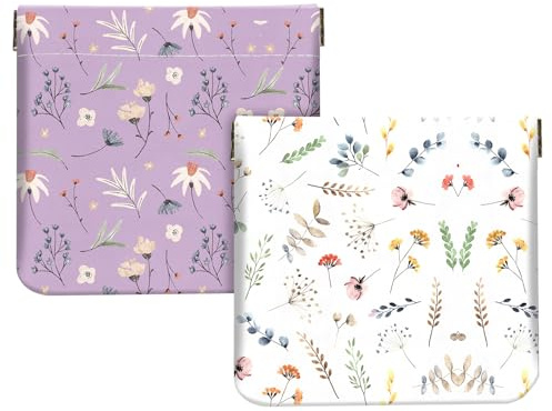2Pcs PU Leather Small Squeeze Coin Purse Pouch Mini coin Bag Unique And Cute Wallet Cosmetic Bags Change Bag For Women Girls Men White And Purple Floral