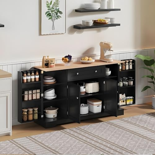 Armadio multifunzione a buffet, 138 cm, 4 ante, con cassetto, ante e ripiani regolabili, con protezione antiribaltamento, per cucina, soggiorno, sala da pranzo (nero + legno)
