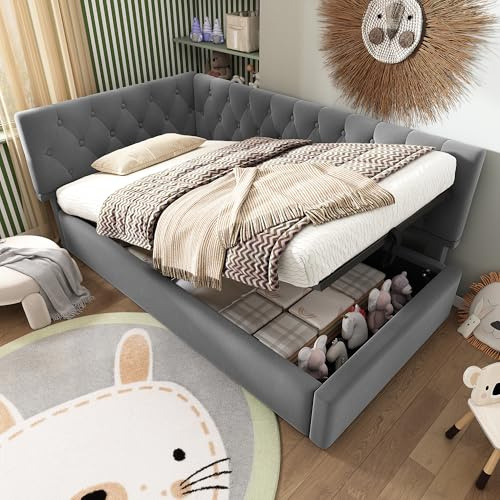 Polsterbett Tagesbett 90x200 cm, Einzelbett Schlafsofa mit hydraulischem Stauraum, Kinderbett Jugendbett Bettgestell Gästebett Boxspringbett Eckbett mit Lattenrost aus Holz, Samt, Ohne Matratze, Grau
