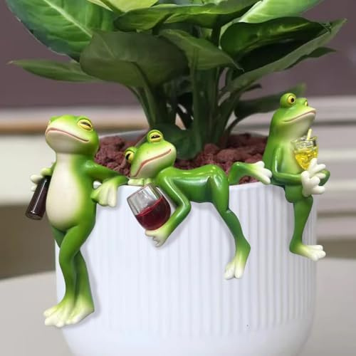 KUWUNG 3 Stück Frosch Deko Figuren für Blumentopf Hänger, Frosch Statue mit Weinglas für Garten Dekoration, Frosche Harz Figuren Miniteich Deko, Gartendeko Draußen, Topfdekorationen