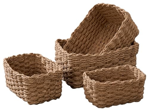 4PCS Woven Storage Baskets Set, Small Baskets for Organizing, Square Handwoven Paper Rope Organizer Bins for Shelves and Home Storage (Brown)