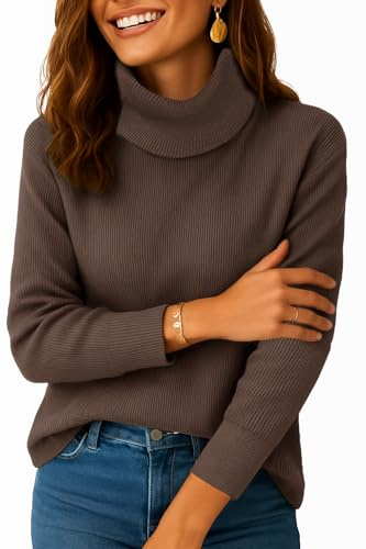 Zeagoo Maglione da donna, a collo alto, invernale, a maniche lunghe, con collo alto, elegante e caldo, taglie S-XXL, marrone, L