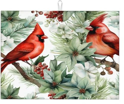 Alfombrilla Secado para Platos Hojas De Acebo De Navidad Pájaros Rojos Esteras De Secado para Cocina Imprimir Tapete Escurridor, para Mostrador, Ollas Y Sartenes, Verdura, 41x46cm
