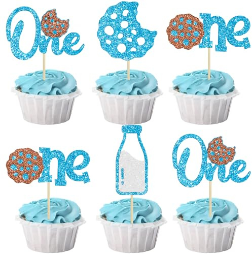 Ephlyn 24Pcs Cookies Cupcake Toppers Cookie One Cupcake Picks 1st Birthday Cake Toppers for Breakfast Theme Baby Shower Kids Birthday Party Cake Decoration Supplies Blue