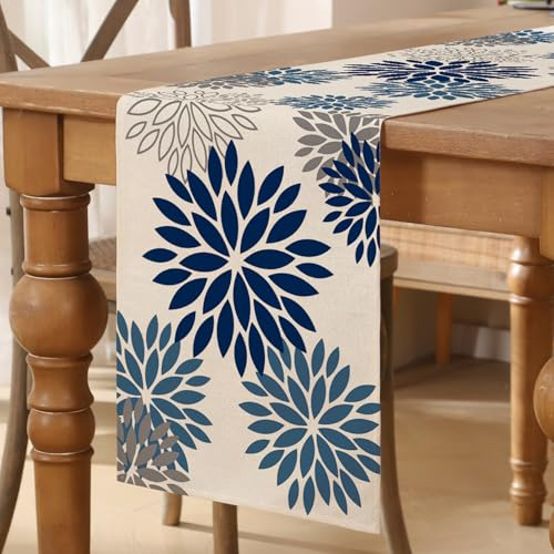 Camino de Mesa Floral Azul Marino, Azul Neblina, Dalias, Moderno Camino de Mesas Otoñal, Decoración de Mesa de Cocina, Mantel para Bodas, Comedores, Decoración de Interiores y Fiestas, 40x100 cm