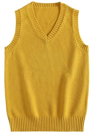 shownicer Pullunder Damen V-Ausschnitt Stricken Weste Einfarbig Ärmellos Strickpullover Casual Sweater Herbst Winter A Gelb XXL