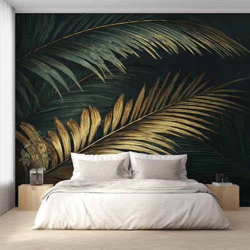 Genérico Papel Pintado Hojas de Palma Oro Verde 450X260cm, Papel Pintado Pared Hoja de Palma Modern Tropical Salon, Dormitorio, Oficina, Decorativos EL&D44