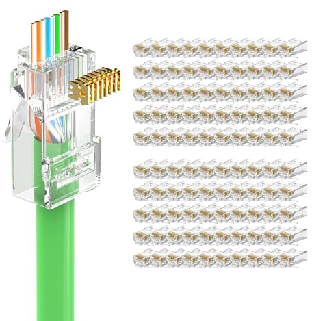 LEENUE 100 Unidades RJ45 Conector CAT 6 Pass Through, 1Gbit/s 250MHz | Dorado Conectores RJ45 para cable de instalación Cat 6/5E, compatible con cables de instalación 23-26AWG, compatible con PoE