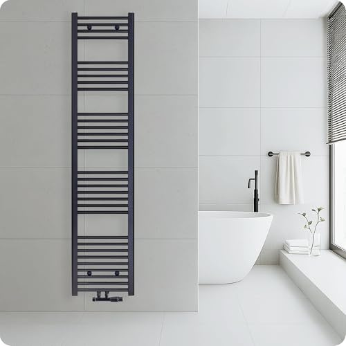 Belvit Badheizkörper, 1800x400 mm, 699 Watt, Mittelanschluss, Nabenabstand 50 mm, Qualitätsstahl, Schwarz matt gebürstet, wandhängend, wasserbetrieben, Badheizkörper, Heizkörper, Handtücher