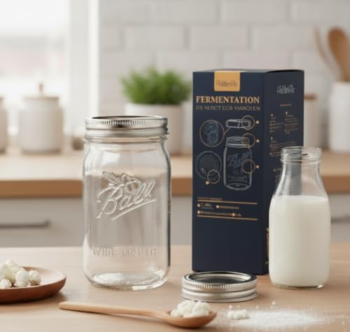 HeldenPilz® Juego de iniciación de kéfir de leche, incluye vaso Mason Ball de 600 ml, colador de rosca, tapa de acero inoxidable y cultivo de kéfir de leche auténtico, kit de fermentación para kéfir
