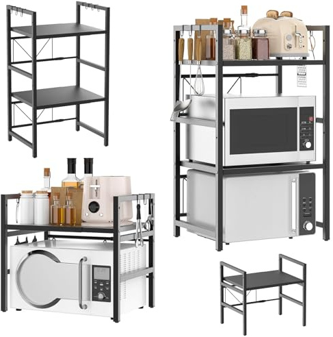 Lucn 2 Tier Iron Microwave Oven Rack Stand Storage Holder Kitchen Corner Shelf Heavy Duty Microwave Oven Stand Rack Holder Wall Mounted Shelf Kitchen Organizer with 6 Hooks