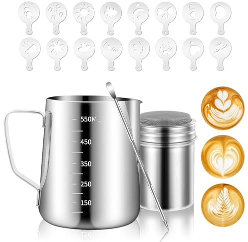 Stainless Steel Milk Frother Jug, Milk Frothing Jug for Coffee Machine with Measurement Mark and Decorating Pen, Barista Accessories, Metal Jugs for Frothing for Making Cappuccino Latte and Espresso