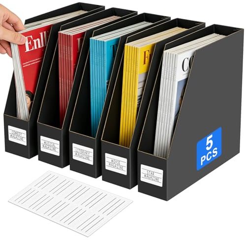 QUOTRE 5-Pack A4 Paper Magazine File Holders (with Labels), 5-Layer Cardboard Rack, Organizer for Documents — Ideal for Home/School/Office, Holds 750+ A4 Sheets per Holder, Black