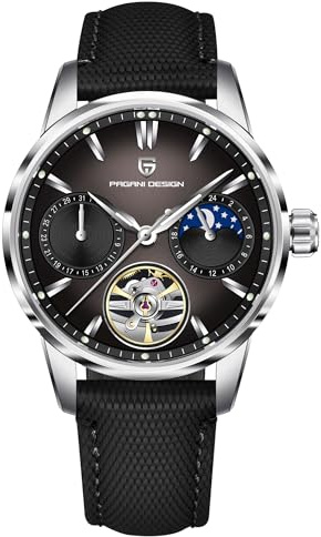 Pagani Design - Reloj automático de Lujo para Hombre, diseño de Esqueleto Tourbillon, Fase Lunar, Acero Inoxidable, 100 m, Correa de Cuero, Reloj mecánico para Hombre, Plata y Negro., Clásico