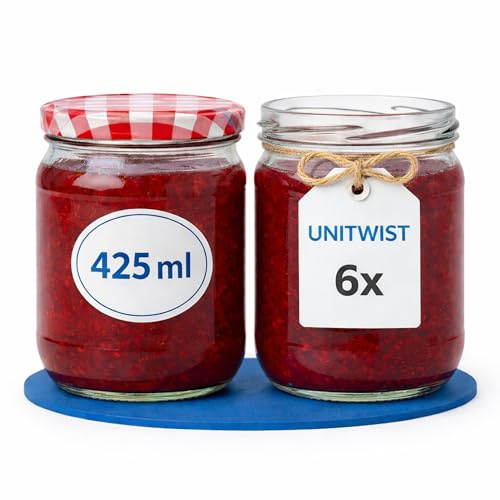 UNiTWIST 6er Set Einmachgläser 425 ml mit Twist-Off Deckel Ø 82 mm – Dickwandige, luftdichte Dessertgläser, spülmaschinenfest, ideal für Marmelade & Eingemachtes - Rot Kariert